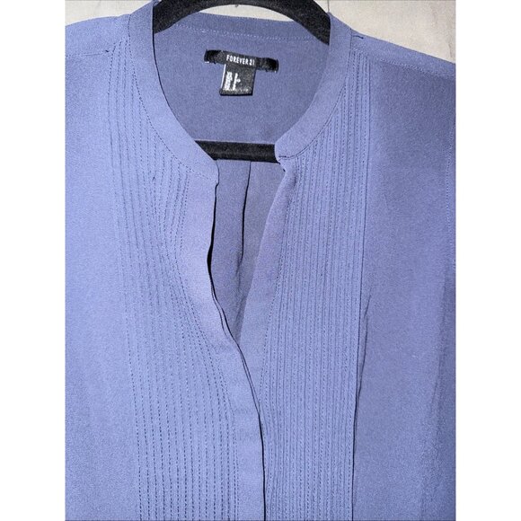 Forever 21 Button Up Top Size Small Short Ruffle Sleeved Blue Chiffon Pleated - Picture 9 of 12
